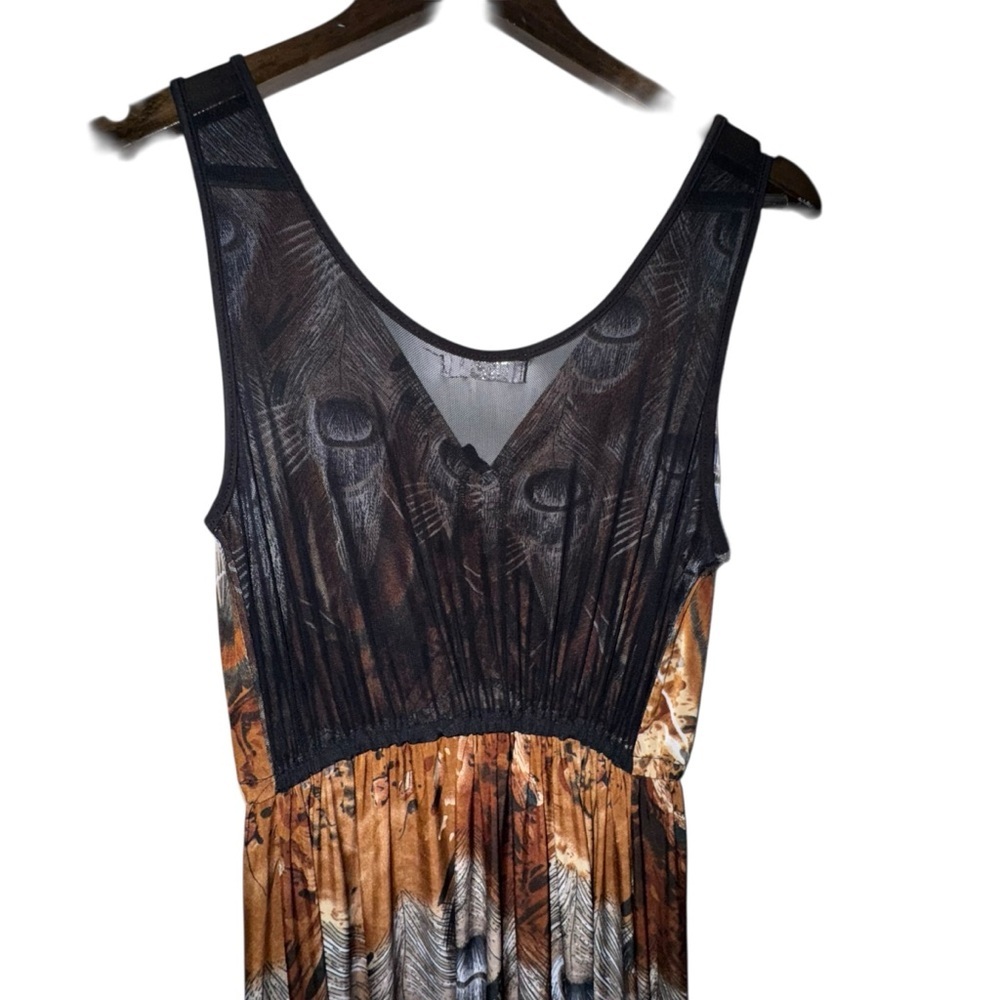 Julia Silk Blend Boho Peacock Feather Maxi Dress Flowing Festival Anthro Vibes - Picture 6 of 7
